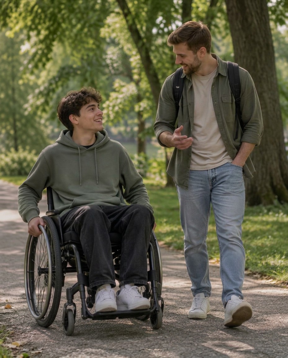 Osobný asistent sa v parku rozpráva so študentom na mechanickom vozíku
